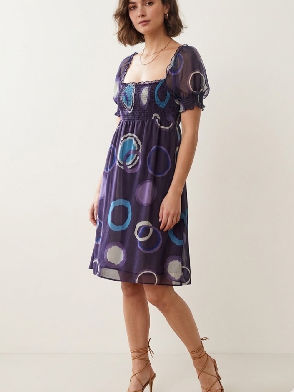 Kathryn Conover Vintage Silk Chiffon Empire Waist Dress Blue Circle Print Rare 6